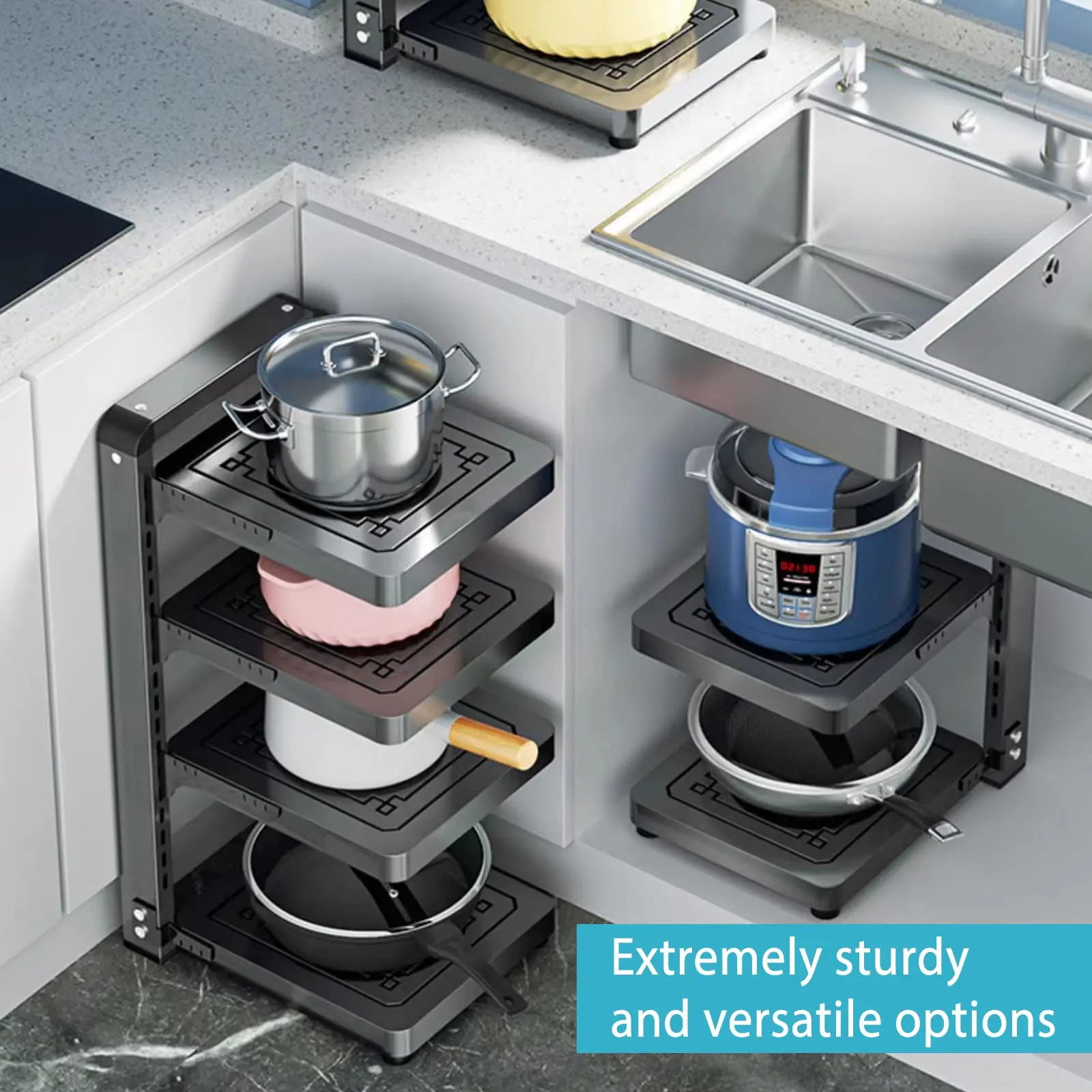 Estante organizador de ollas y sartenes para debajo del gabinete, estante  para ollas resistente debajo del fregadero, organizador de gabinete de  cocina ajustable - AliExpress, image size:1600x1600