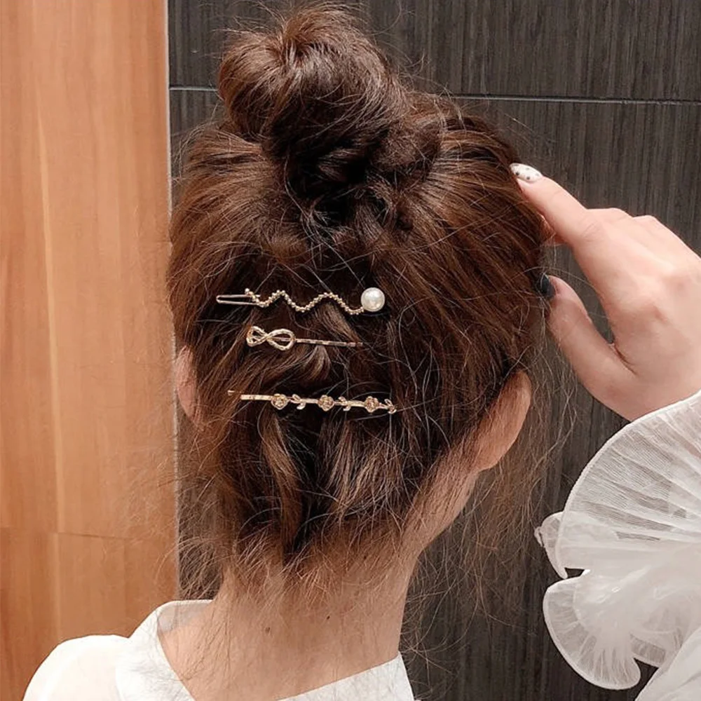 3pcs/Set Crystal Pearl Flower Metal Hair Clips Elegant Women