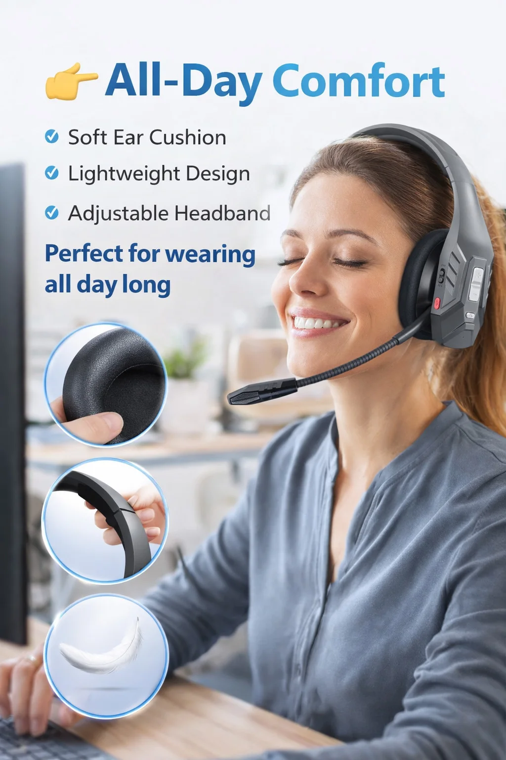 Trucker Bluetooth Headset,Wireless Headset with Mic, Call Center Headset,Bluetooth Headsets with Dual Noise Cancelling - Imagen 3