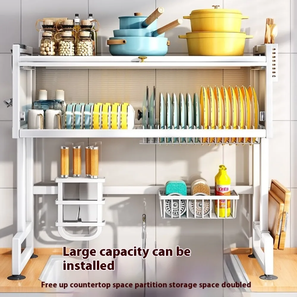 Over The Sink Dish Drying Rack Multi-Functional Countertop Scullery Kitchen Sink Storage Shelf Dish Drain Rack with Cabinet Door 3
