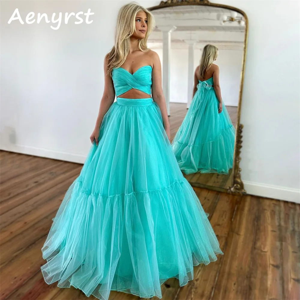 

Aenyrst Simple Sweetheart Criss-Cross Evening Dresses Tulle A Line Backless Prom Gown Sweep Train Party Dress 2024 فساتين السهرة