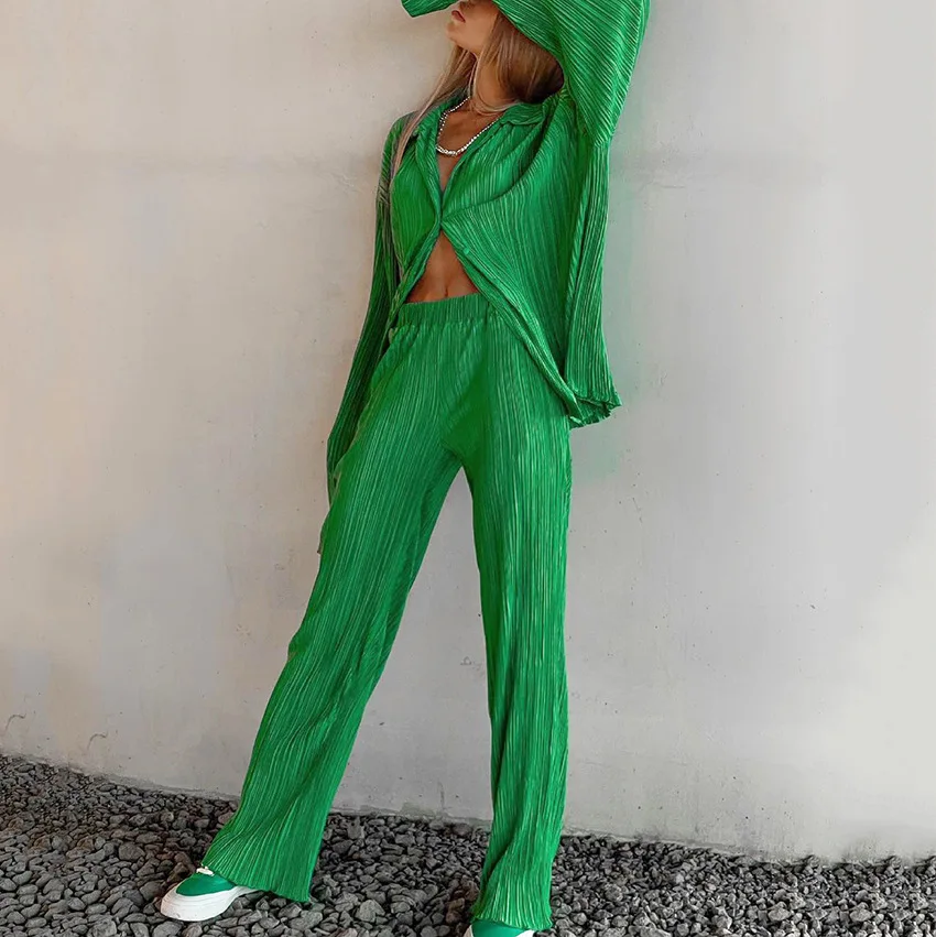 

AYUAIN Elastic Waist Straight Autumn Pants Suit 2022 Vintage Lapel Long Sleeve Loose Shirts Sets Wide Leg Pants Set for Women