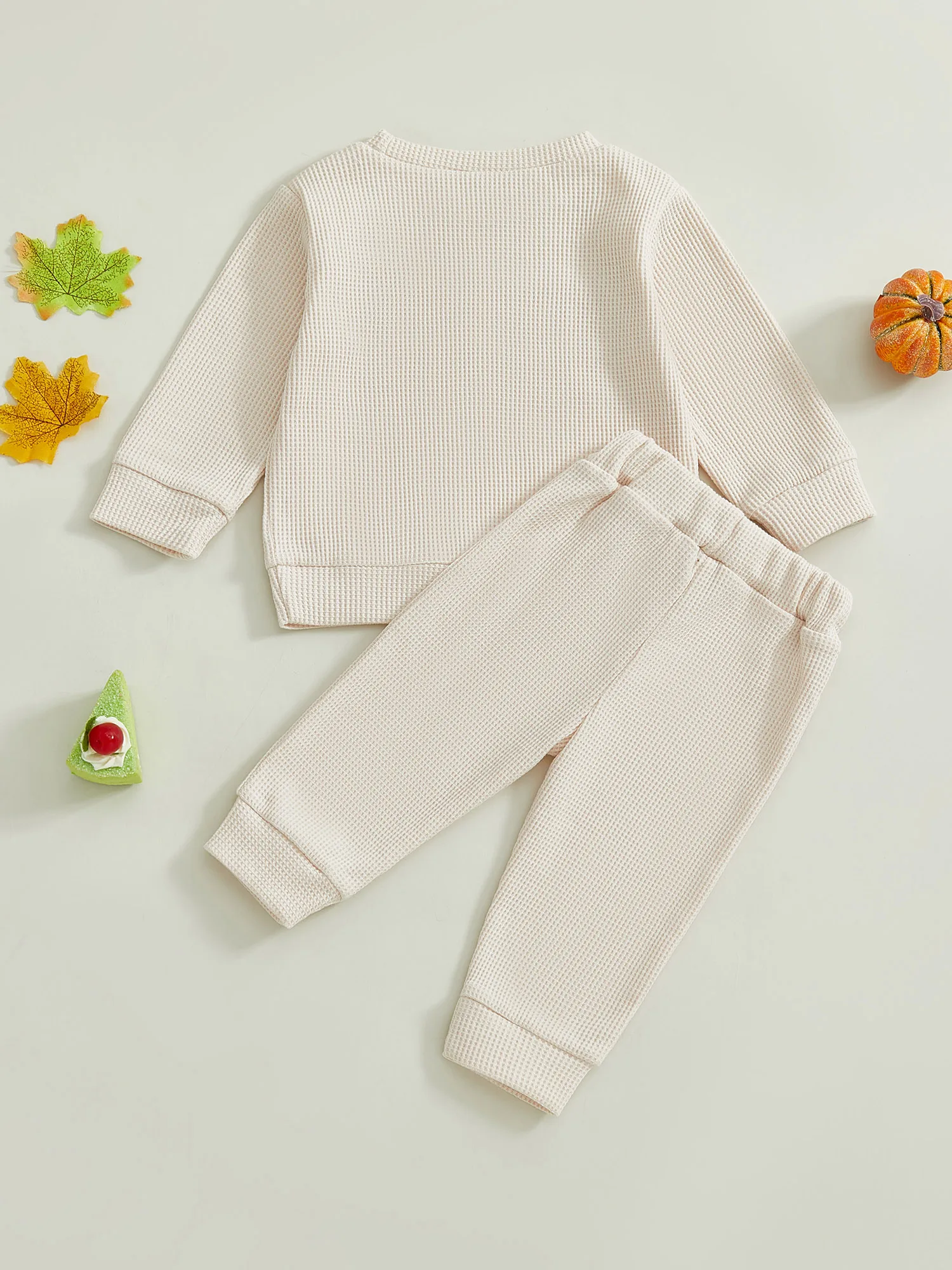 Kleinkind Thanksgiving Outfit Türkei Brief Stickerei Langarm Pullover Elastische Taille Feste Hosen 2 Stücke Waffel Set – Detail 9