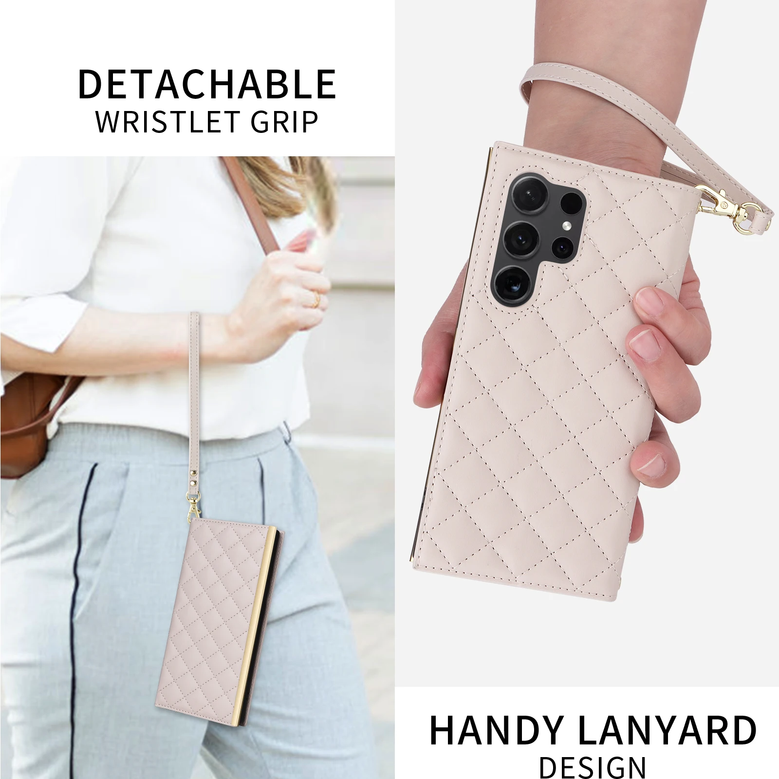 For Samsung Galaxy S24 S23 Ultra S22 S21 Plus FE Case Hanging Strap Crossbody Lanyard Soft Plain Leather Zipper Card Bag Cover