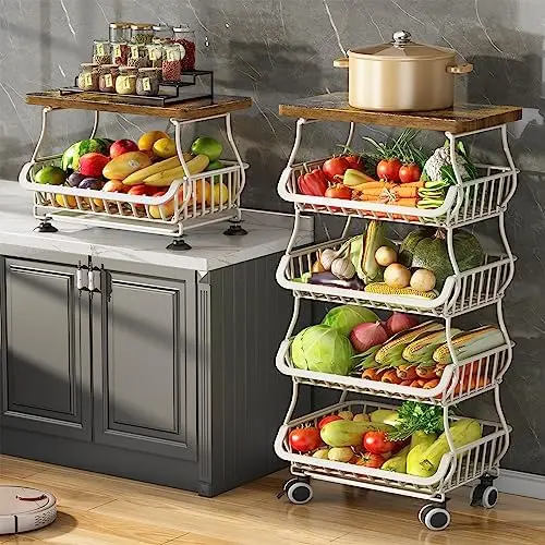 

Basket Kitchen Pantry Organizers and Storage - Wooden Top Table, Stackable Metal Wire Basket Stand Cart for Fruit Vegetable Snac