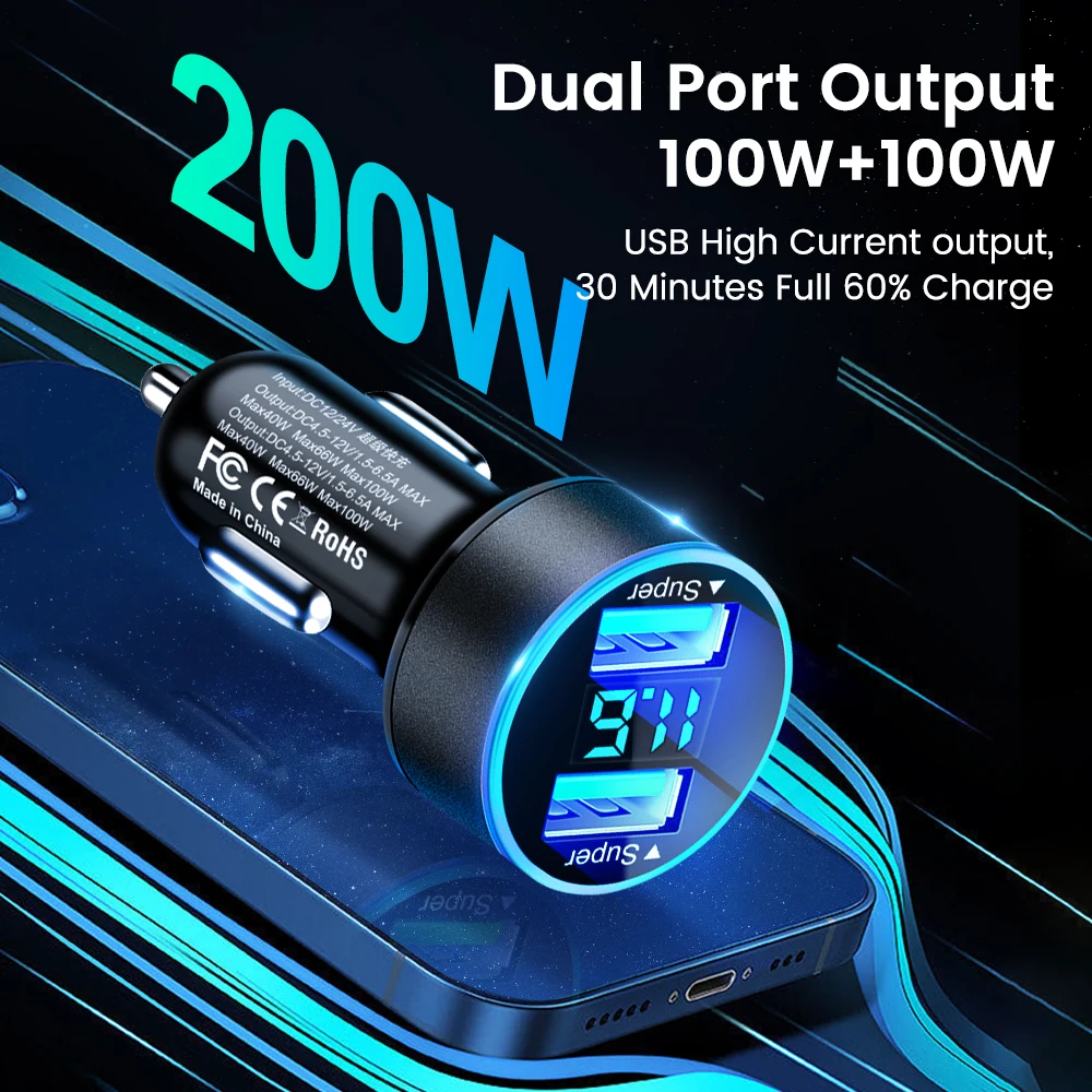 200W Dual Ports USB Car Charger Fast Charging Cigarette Socket Lighter USB Phone Charger Adapter For iPhone Samsung Xiaomi Phone Charger Adapter Phone Charger Car Charger Car Phone Charger