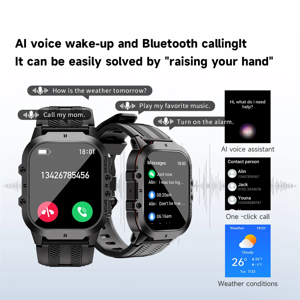 MISIRUN New C26 Smart Watch 100+ Sports Modes Bluetooth Call Smartwatch 1.96" AMOLED 1ATM Waterproof Outdoor Military Wristwatch 6