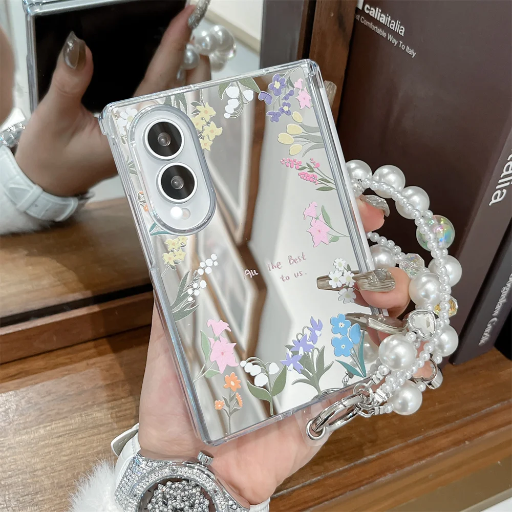 Mirror Surface Clear Phone Case with Double Pearl Bead Wrist Chain