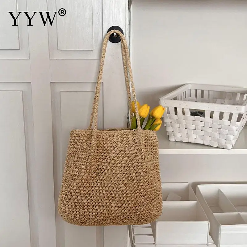 Casual Straw Wheat Woven Pattern Women Handbag Zipper Large Capacity Paper Rope Summer Beach Tote Bag Single Shoulder Lady Purse