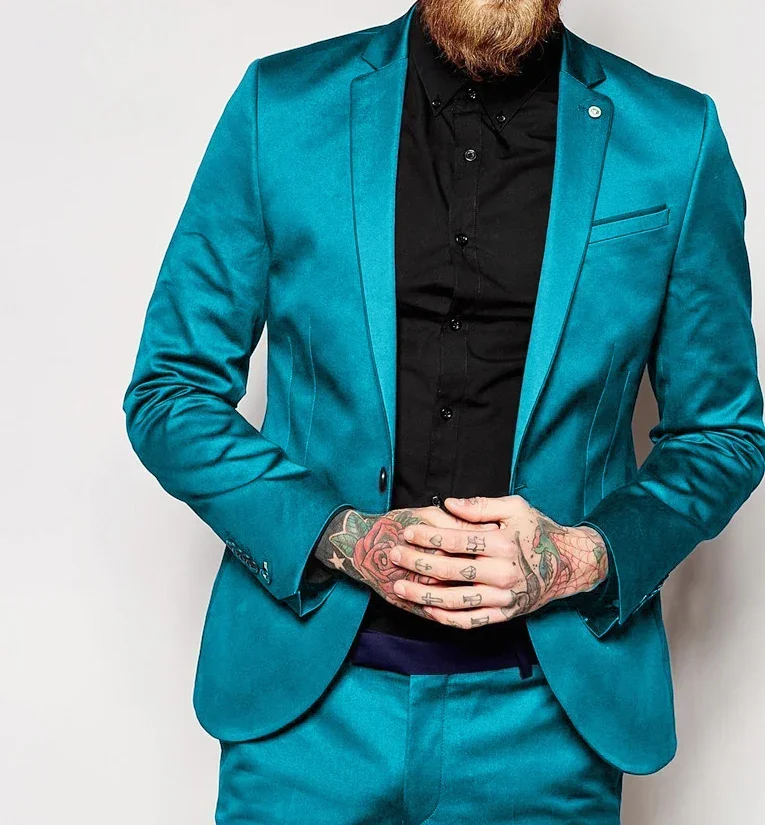 

Turquoise Shiny Stain Men Suits High Quality Custom Slim Fit 2 Piece Formal Groom Tuxedo Party Prom Blazer Sets Ternos Masculino