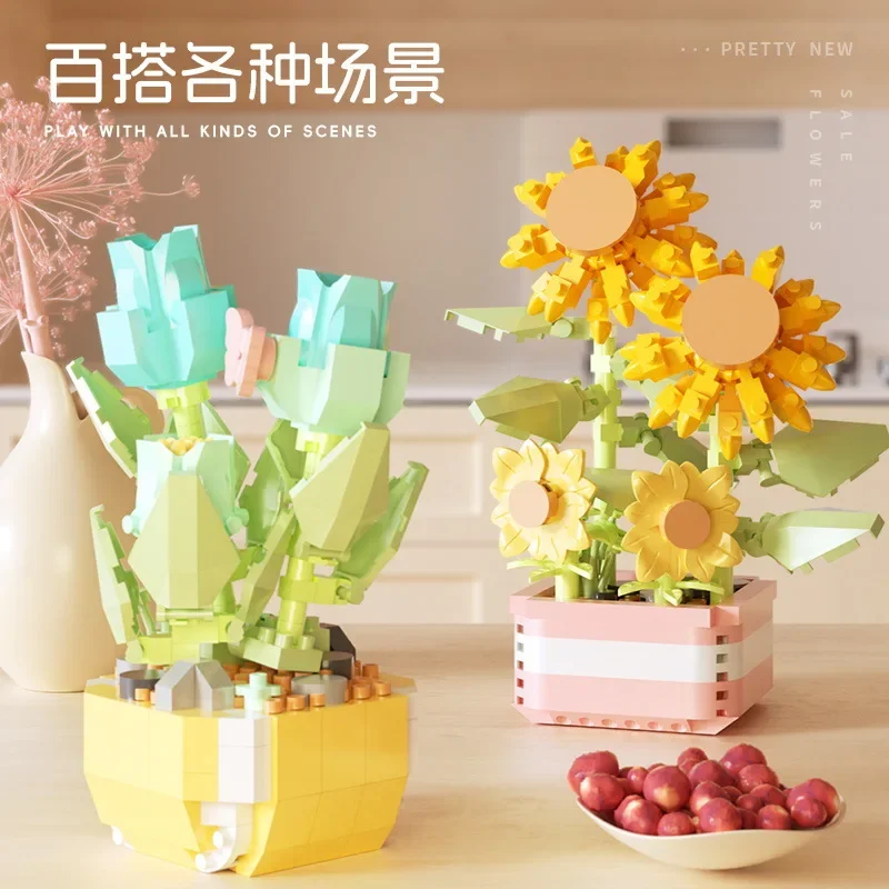 Romantic Flower Building Blocks Everlasting Bonsai Tree Gardens Micro Bricks DIY Potted Plants Model Creative Kids Kits Toys 3