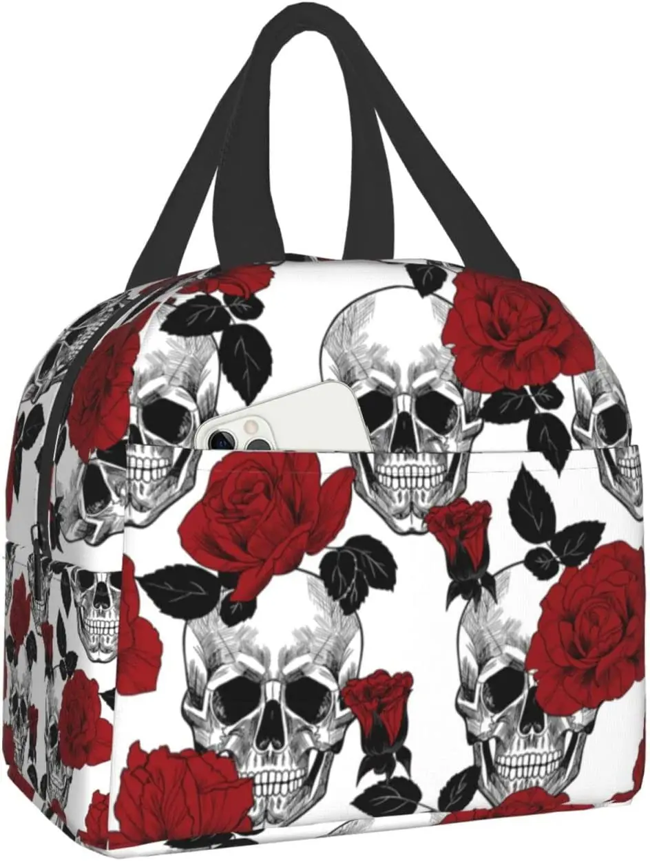 Rose and Skull Lunch Bag Insulated Lunch Box Cooler Reusable Leak Proof Thermal Container Tote Handbag for Work Picnic Travel halyunasc kids insulated lunch bag steven universe prints pattern water proof lunch box cartoon anime picnic snacks container