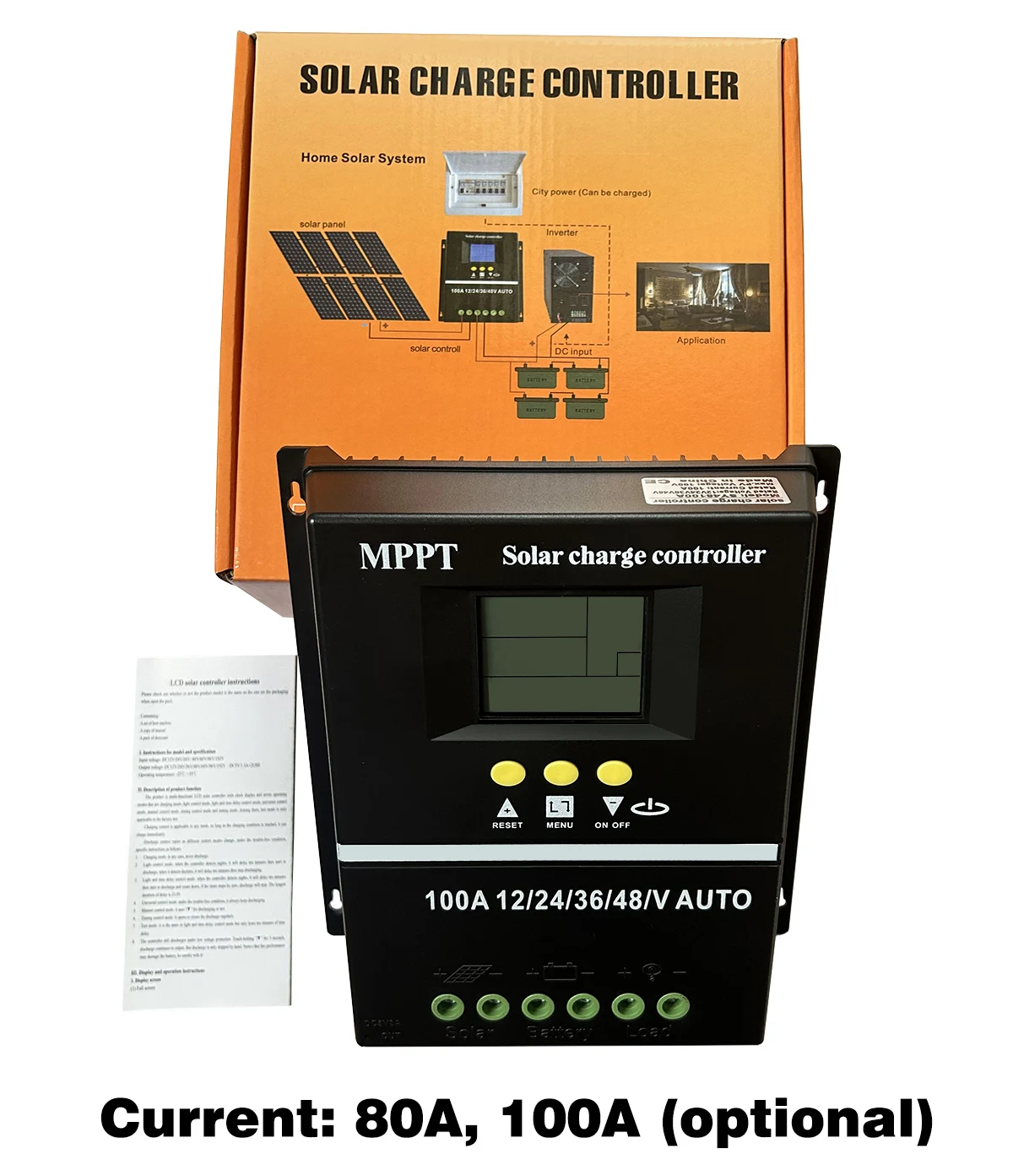 Контроллер заряда солнечных батарей MPPT, автоматическое зарядное устройство для солнечных батарей с ЖК-дисплеем и двумя USB-портами, 100 А, 80 А, 60 А, 12 В, 24 В, 36 В, 48 В