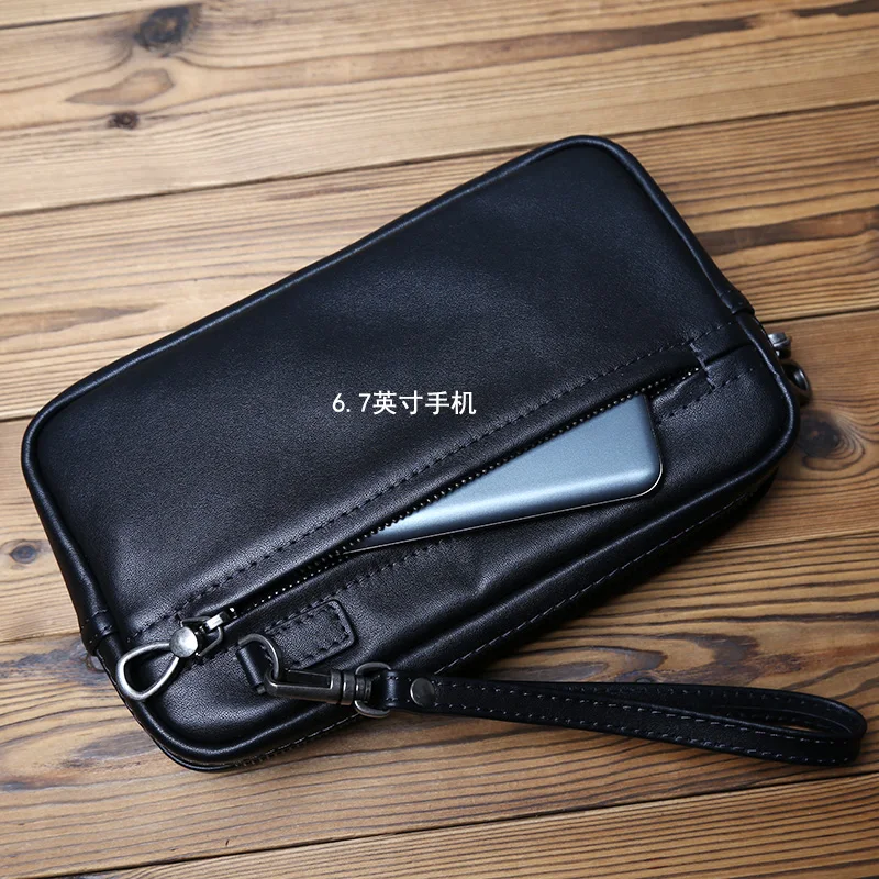 NZPJ Leather Men's Handheld Bag Original Natural Cowhide Mobile Phone Bag Casual Long Wallet Business Clip Bag Id Bag Bank Card