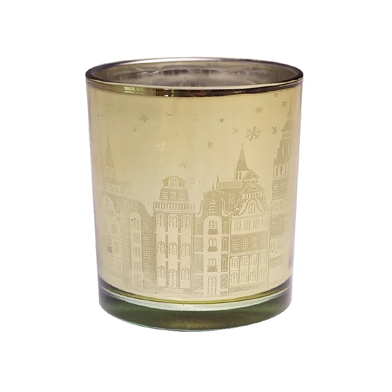 Vintage Castle Carved Glass Candle Holder - Golden Christmas Empty Cup, Home Fragrance Decor, Elegant Birthday Festive Ambience