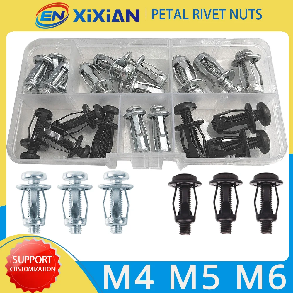 M4 M5 M6 꽃잎 리벳 잠금 나사 및 너트 키트 세트, 검정색 강철 중공 철 알루미늄 리벳 고정 플레이트 볼트 리베터, 자동차 라이센스 용