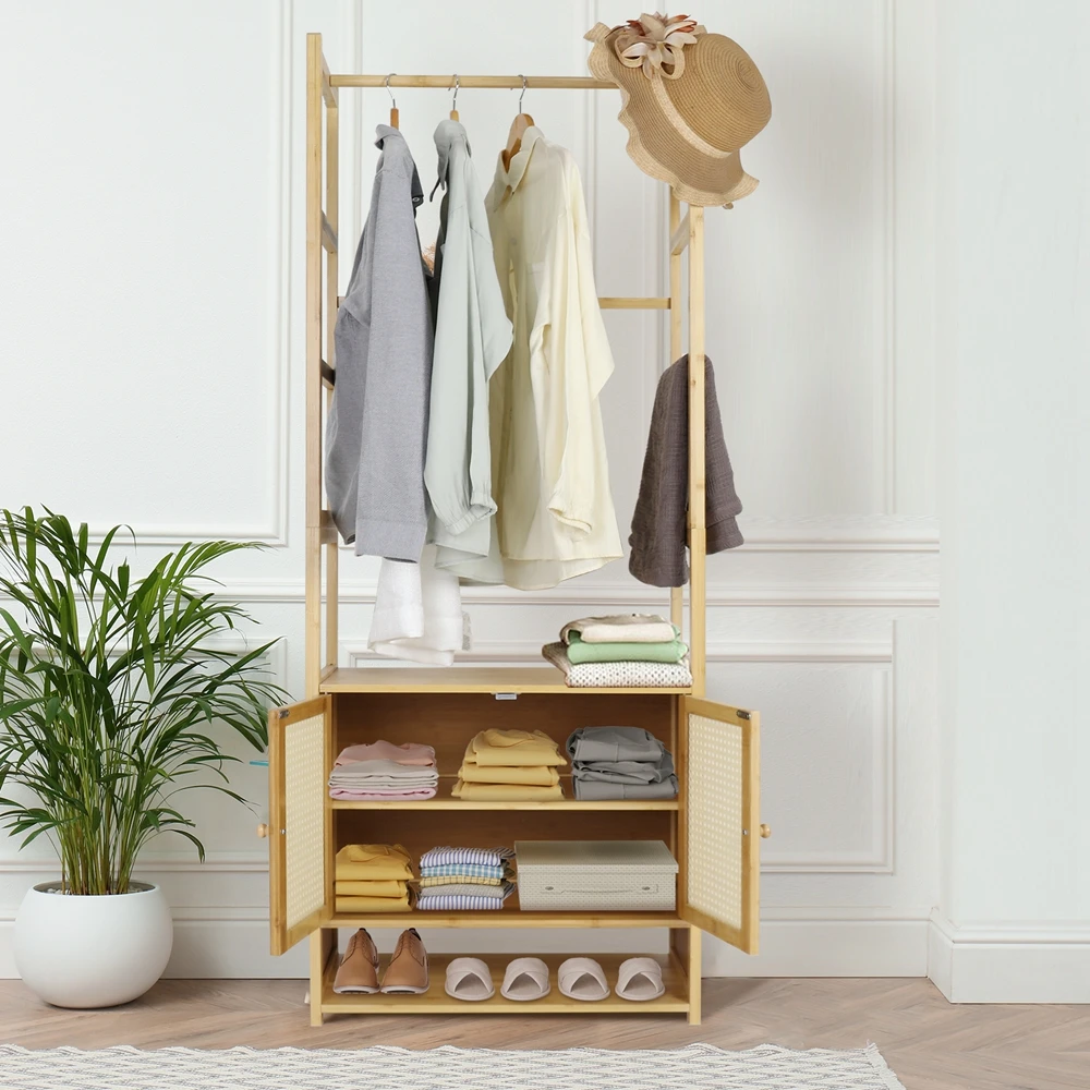 Free Standing Bamboo Clothes Rack Garment Coat Stand Shoe Storage Cabinet Shelf — view 4