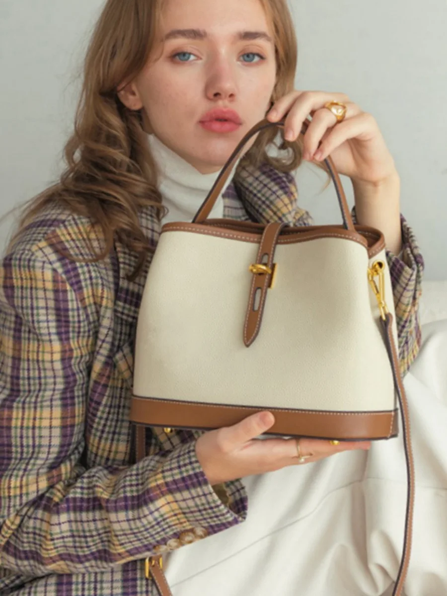 Maxdutti 2023 French Retro Color Matching Bucket Bag Genuine Leather Single Messenger Bag Shoulder Soft Leather Handbag Women