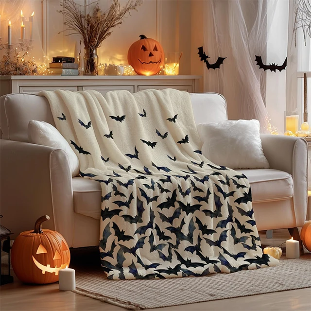 Couverture polaire d'Halloween imprimée chauve-souris effrayante : parfaite pour les nuits qui refroidissent! Couverture en flanelle, douce et confortable, cadeau 2