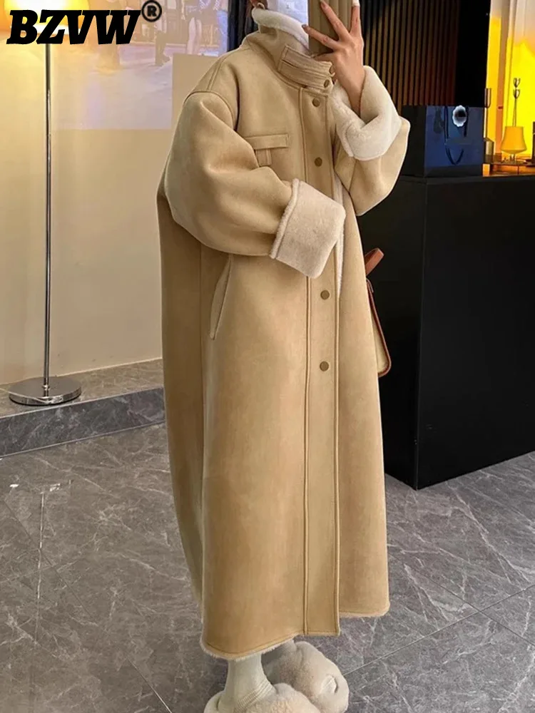 

BZVW Winter Long Loose Casual Windproof Thickened Warm Faux Sheepskin Coat Women Oversized Fluffy Lambskin Overcoat 2023 New