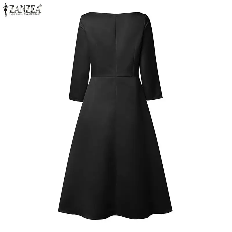 ZANZEA Elegante Abito Midi da Festa in Raso Nero, Vestito da Donna con Scollo a Barca e Maniche 3/4, Linea ad A, per Ospiti di Matrimonio - immagine 3