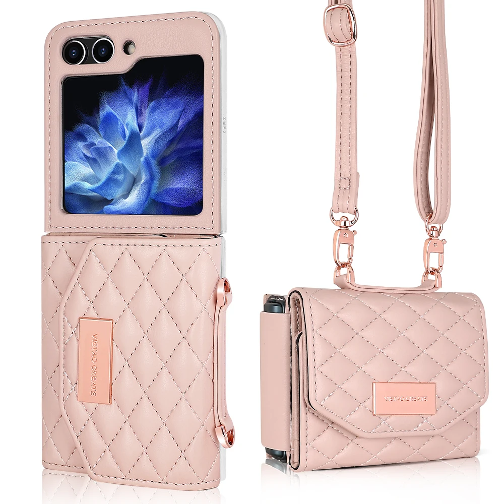 Crossbody Kaarten Solt Lieder Portemonnaie Hülle fir Samsung Galaxy Z Flip 6 5 4 3 5G Flip6 Flip5 Riemen Diamant Dräifach Falt Täsch Cover_voghion.com