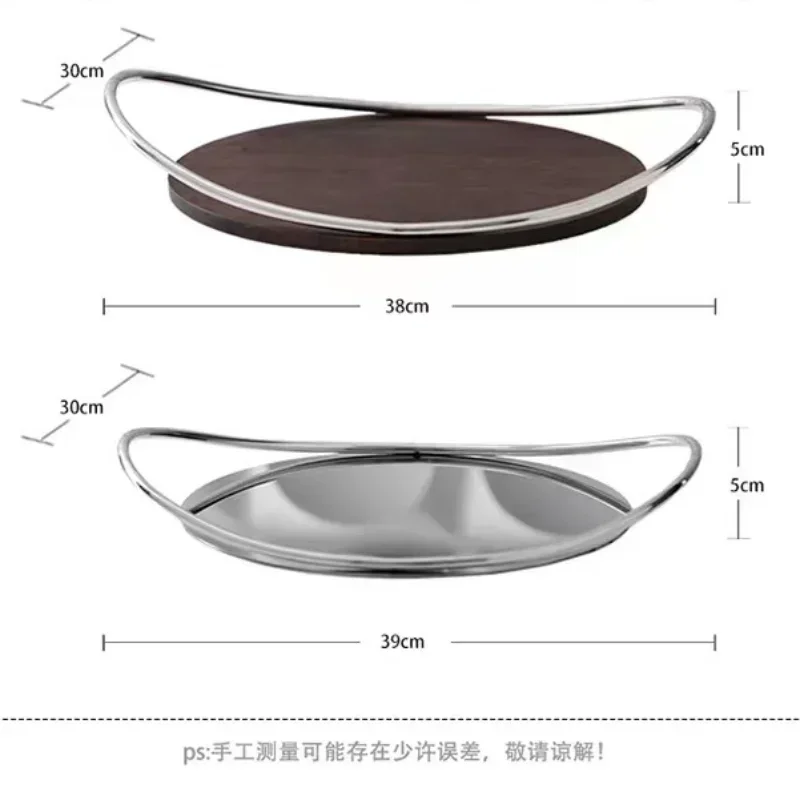 Oval Wooden Stainless Steel Tray Creative Oval Handle Storage Trays Metal Aromatherapy Mirror Cosmetic Storage Home Decorative 6