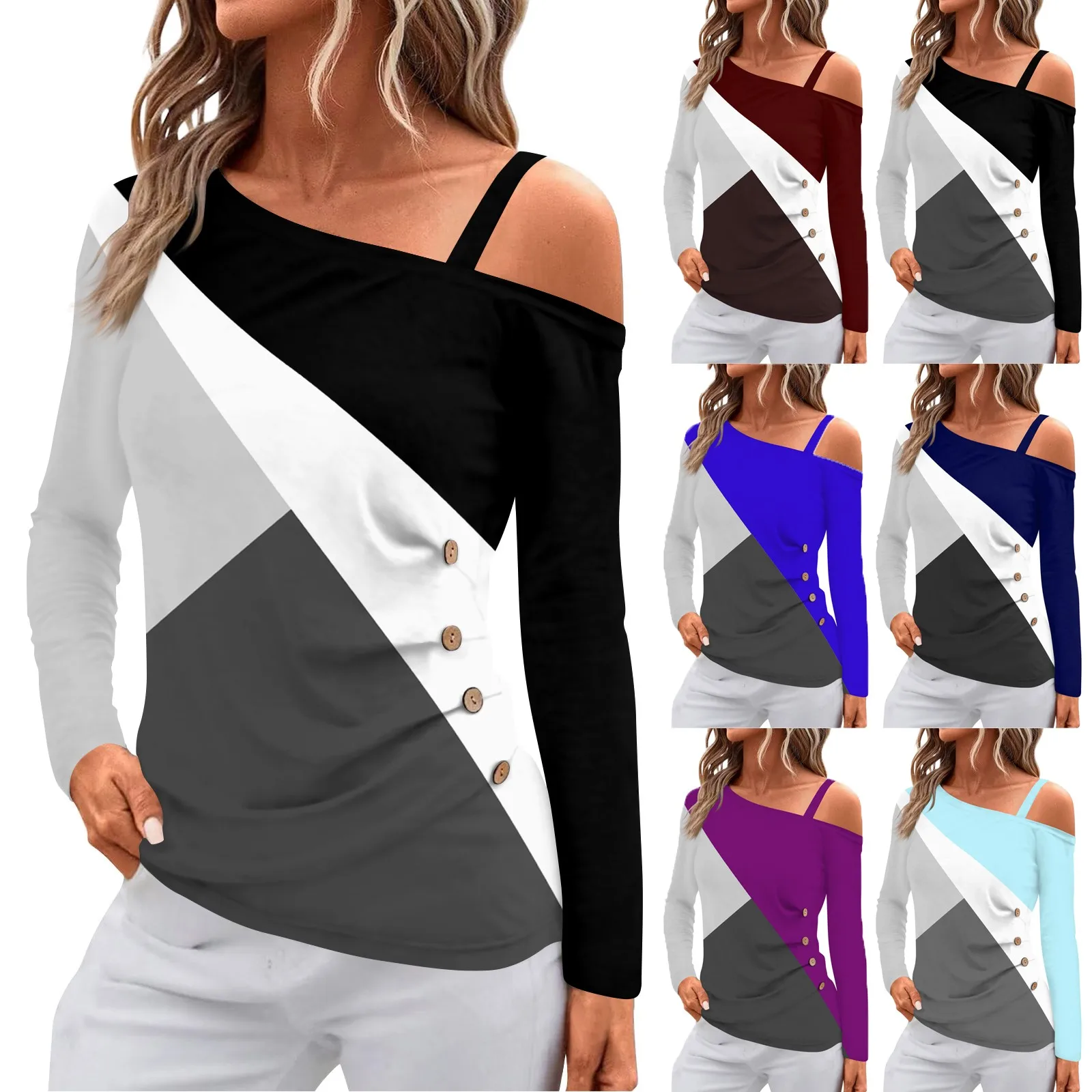 

Женские топы с открытыми плечами и принтом, плиссированная футболка с асимметричным вырезом и длинным рукавом, Элегантный яркий пуловер, 한국뷰 뷰 옷