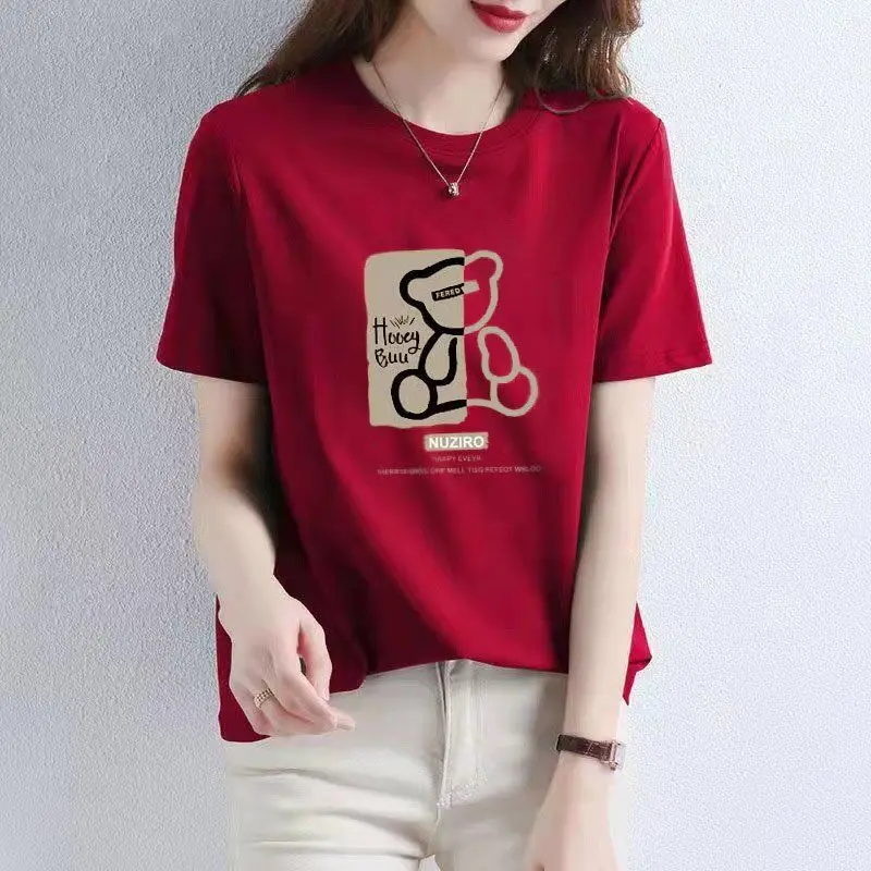Summer Cotton Painting Bears T-shirt Women New O-collar Short