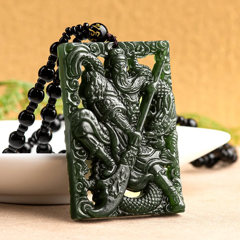 

Natural Black Jade Guan Gong Amulet Carved Pendant Necklace Gift Jewelry+Certificate