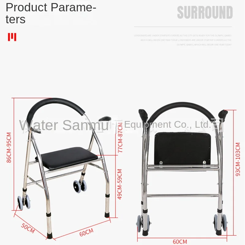 the elderly disabled walker assisted walking Stainless steel quadrangular trolley U-shaped back wheeled cart portable folding