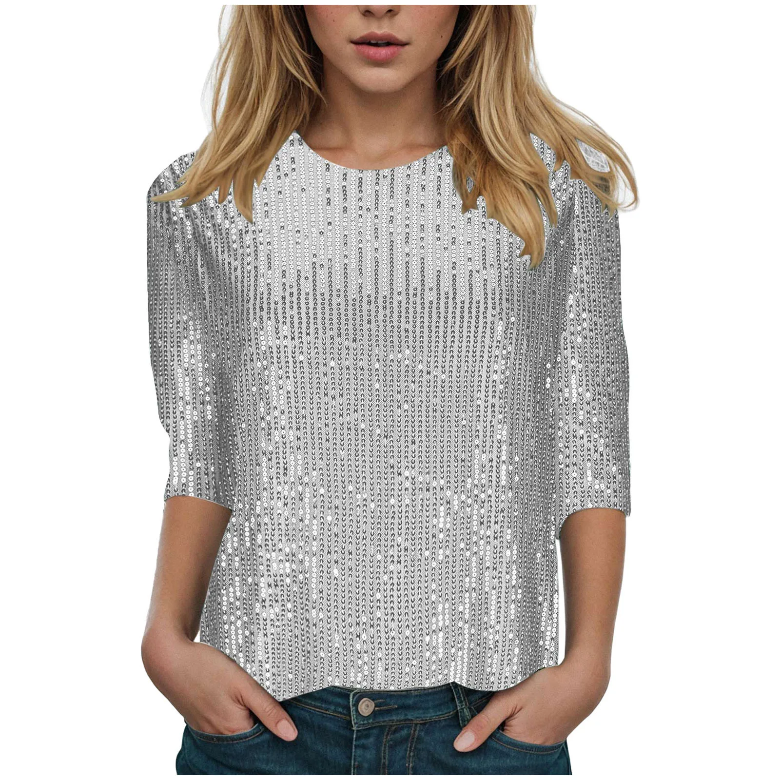 Woman wearing glitter sequin quarter sleeve T-shirt with round neck in a festive clubwear setting 08