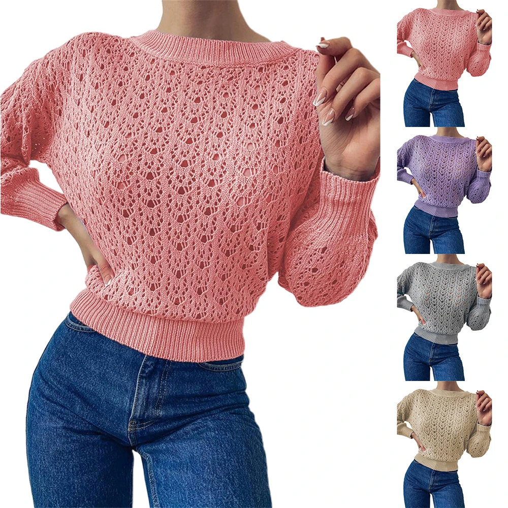 2022 Sweater Casual Pullover Women Hollow Long Sleeve Sweater Sexy Cut Autumn Winter Warm Pullover Top pink cardigan
