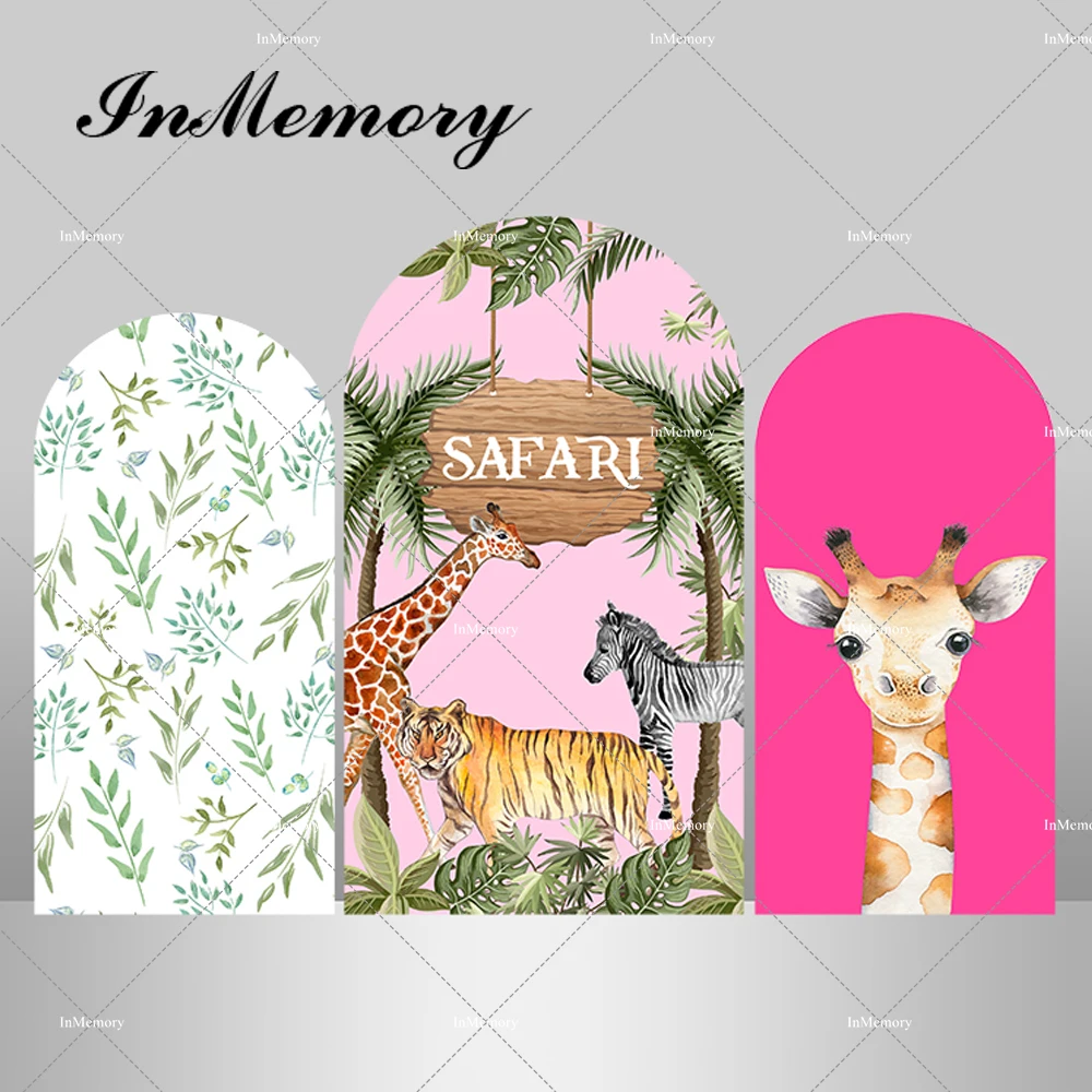 

Pink Girls Safari Jungle Birthday Party Arch Backdrop Cover Chiara Wall Party Decoration Wild Animals Photography Background