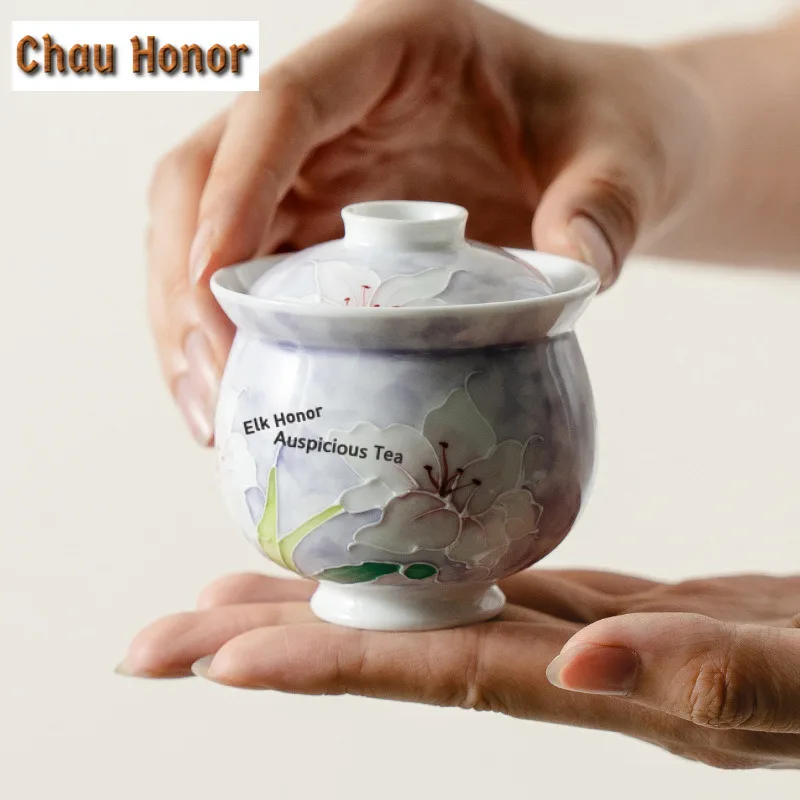 110ML Pure Hand-painted Lily Handheld Gaiwan Antique Tea Tureen Tea Bowl with Lid Kit Tea Maker Cover Bowl Tableware Collection
