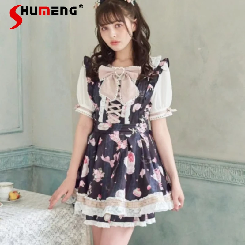 Sweet Girl Cake Flower Dress Handle Set 2024 Summer New Japanese Style Cute Bandage Bow Strawberry Dresses Shorts Suit 2 Pieces winter puppy strawberry full print vest cotton clothes teddy warm four legged suit pet dog clothes soft pullover