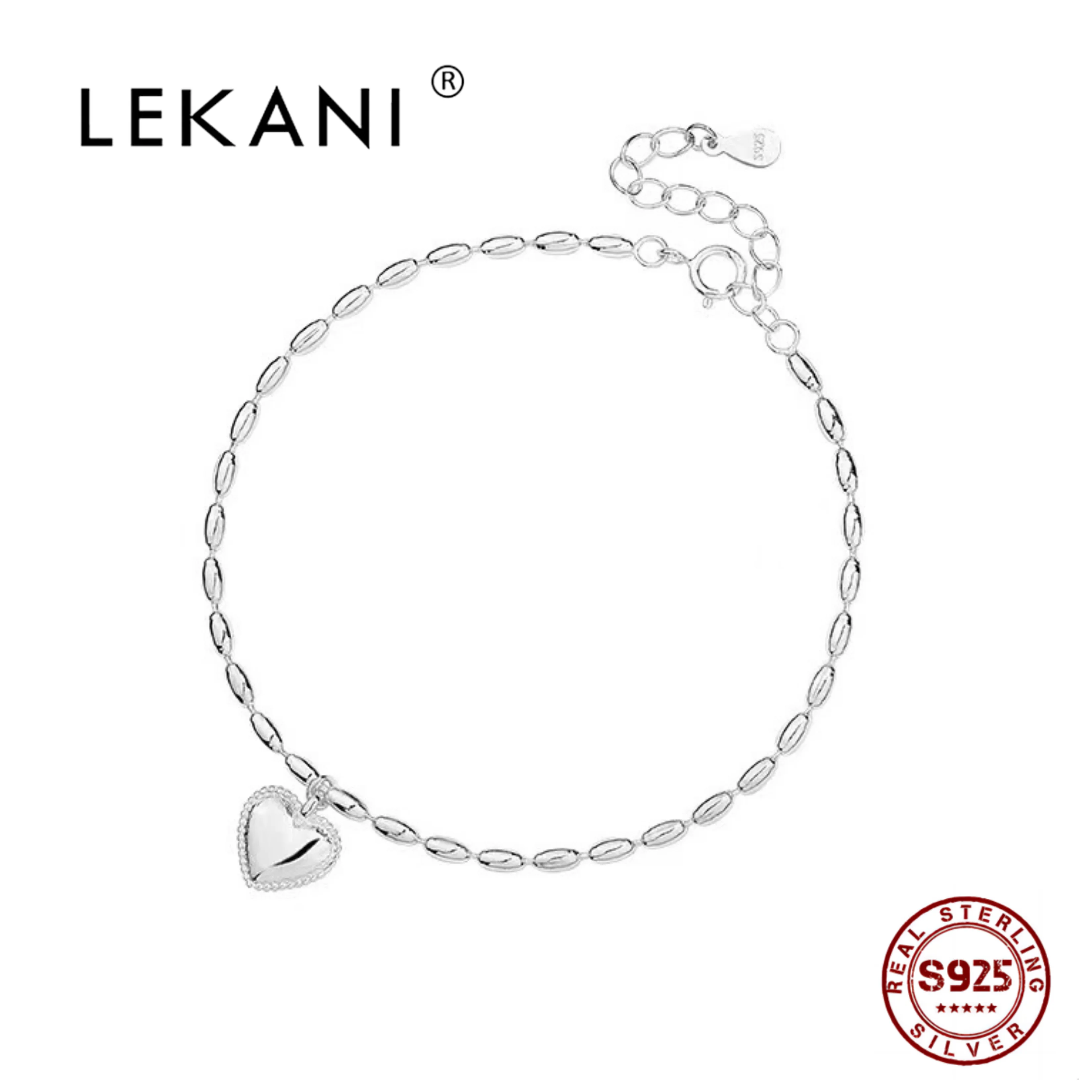 

LEKANI Real 925 Sterling Silver Chain Heart Beads Bracelet Engagement Band Gift Elegant Fine Jewelry For Woman Fashion Party