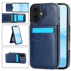 Elegant Leather Phone Case with Card Holder and Stand Feature - Protective Cover - iPhone 15 Plus (Blue)