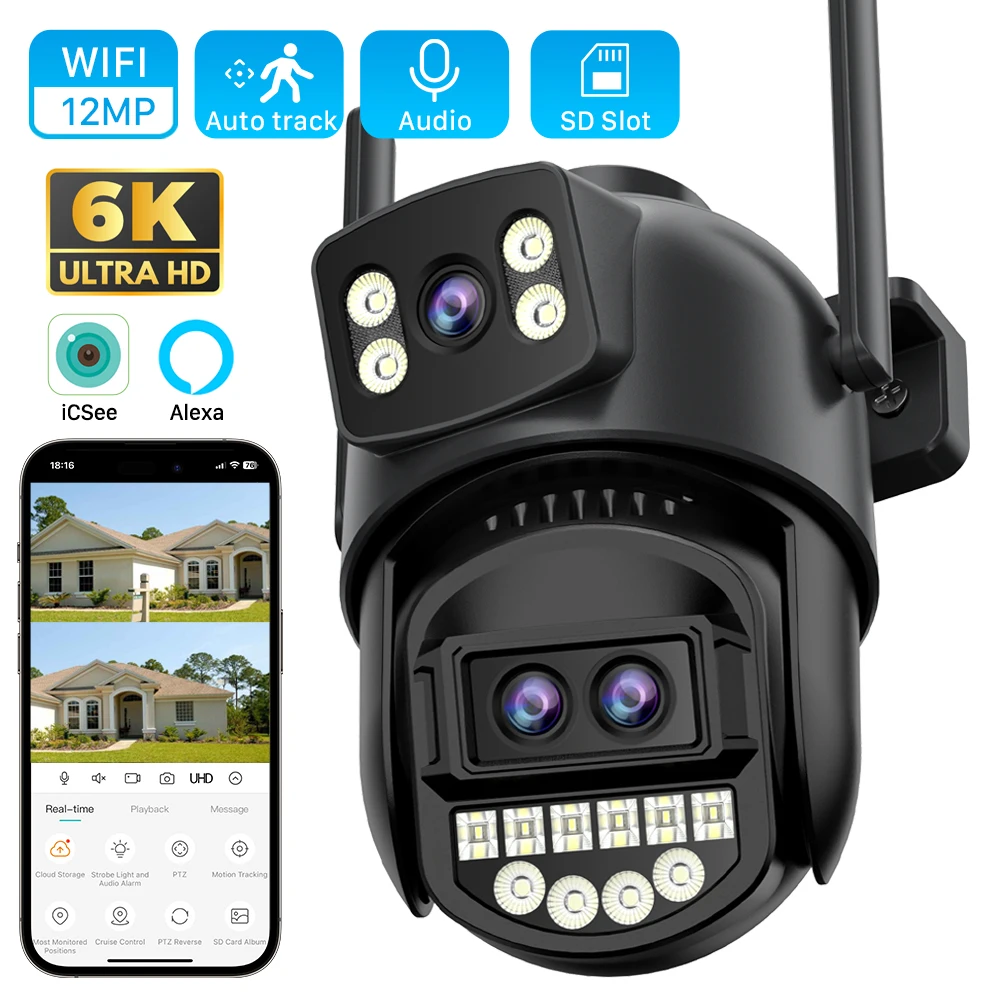 6K 12MP Outdoor Wifi Camera PTZ 8X Optical Zoom Three Lens Dual Screens Video Surveillance 8MP Dual Lens CCTV Security IP Camera