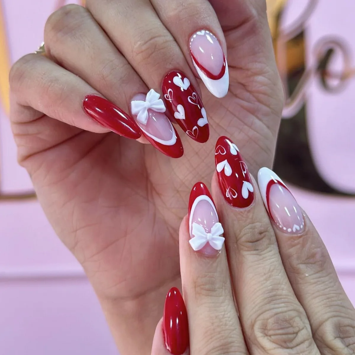 24PCS Pink Almond Press-On Nails with 3D Floral Design and Golden Pearl Accent