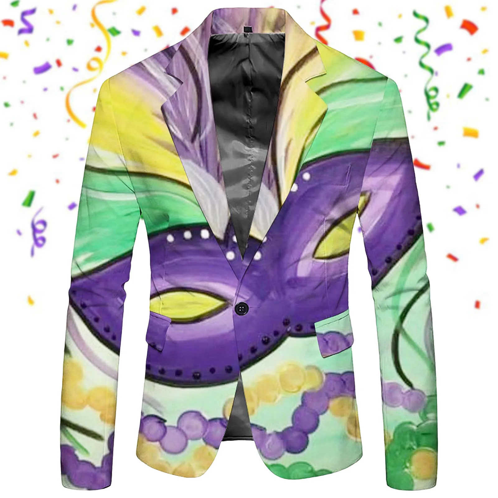 Mardi Gras Printed Men's Blazers Jacket Long Sleeve Slim Fit Buttons Suit Coat Pockets Carnival Holiday Party Lapel Men's Suit 2