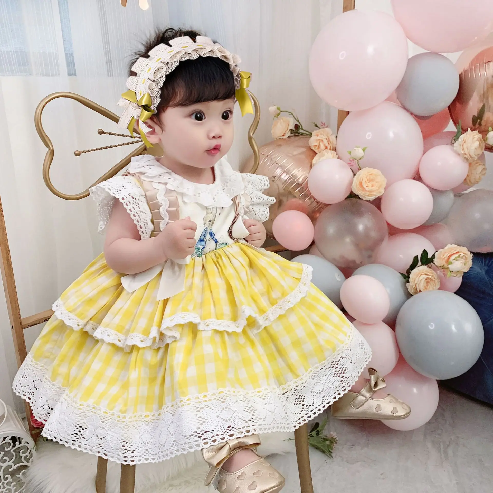 Girls Daily Dress Baby Rabbit Print Lolita Gown Kids Lolita Hair Accessories One Year Old Dress Children Birthday Gift