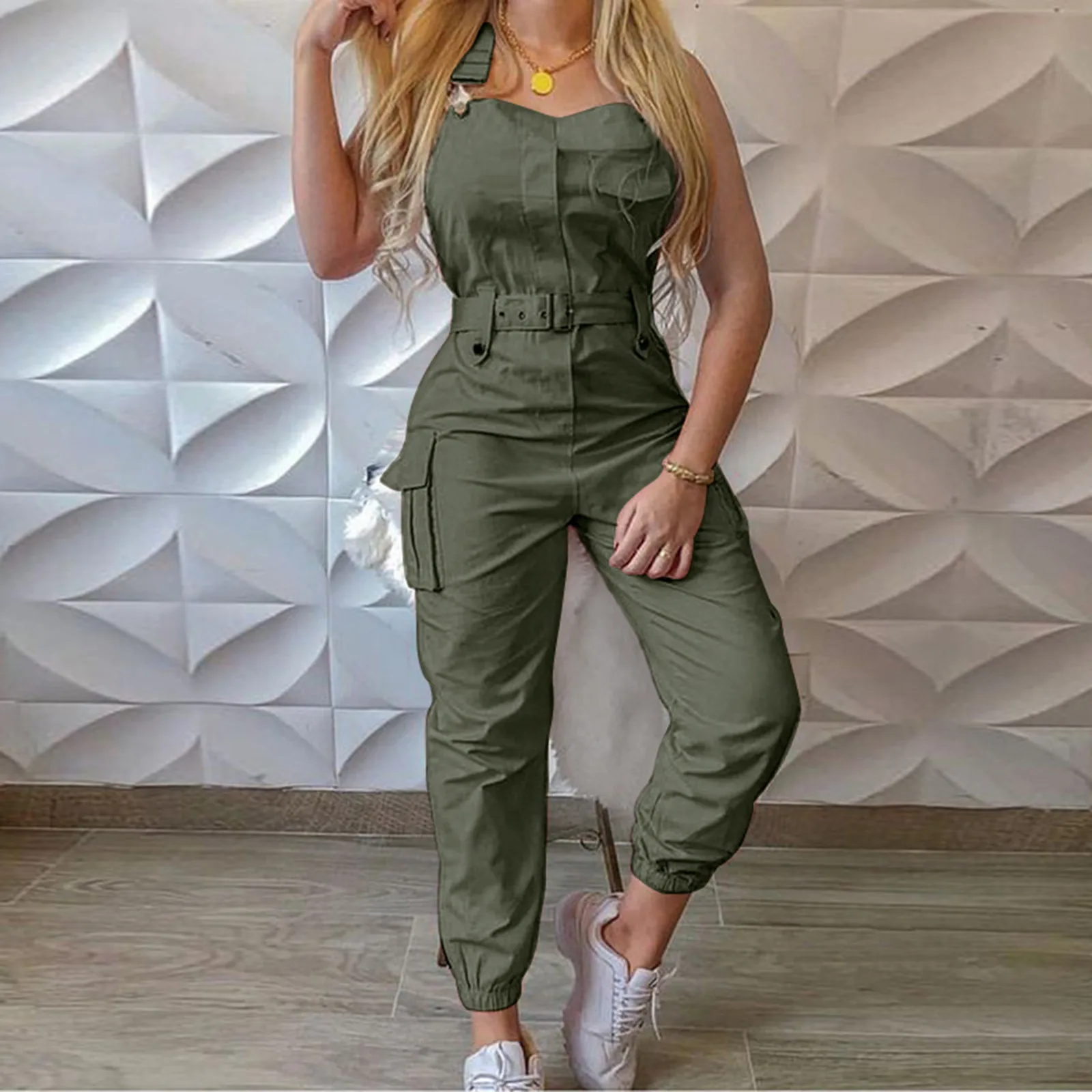 

Summer Women Jumpsuit Sleeveless Pocket Belt Slimming Overalls Ladies Casual Sexy Cargo Pants Solid Tunic Workwear Rompers