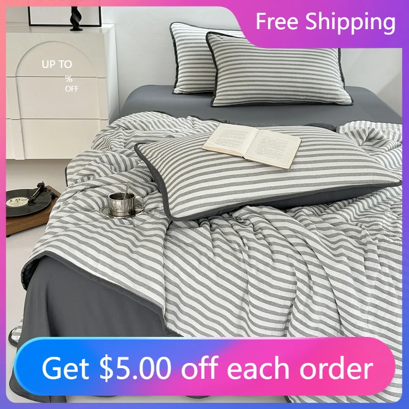 

4 PCS Seersucker Double Bed Sets Machine Washable Summer Quilt and Quilt Sheet and 2 PCS Piliowcases