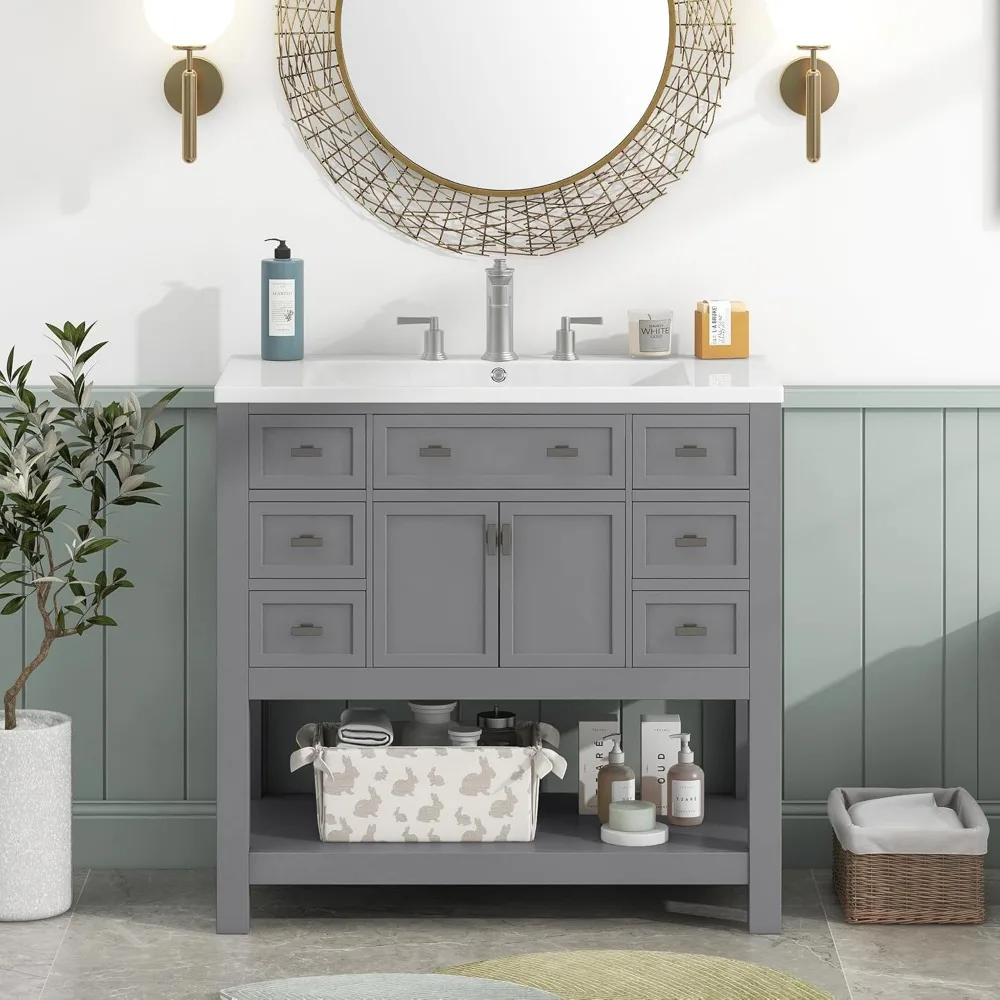 36'' Bathroom Vanity with Single Sink Combo, Modern Bathroom Sink Cabinet with 2 Soft Closing Doors Solid Wood Frame Vanities 6