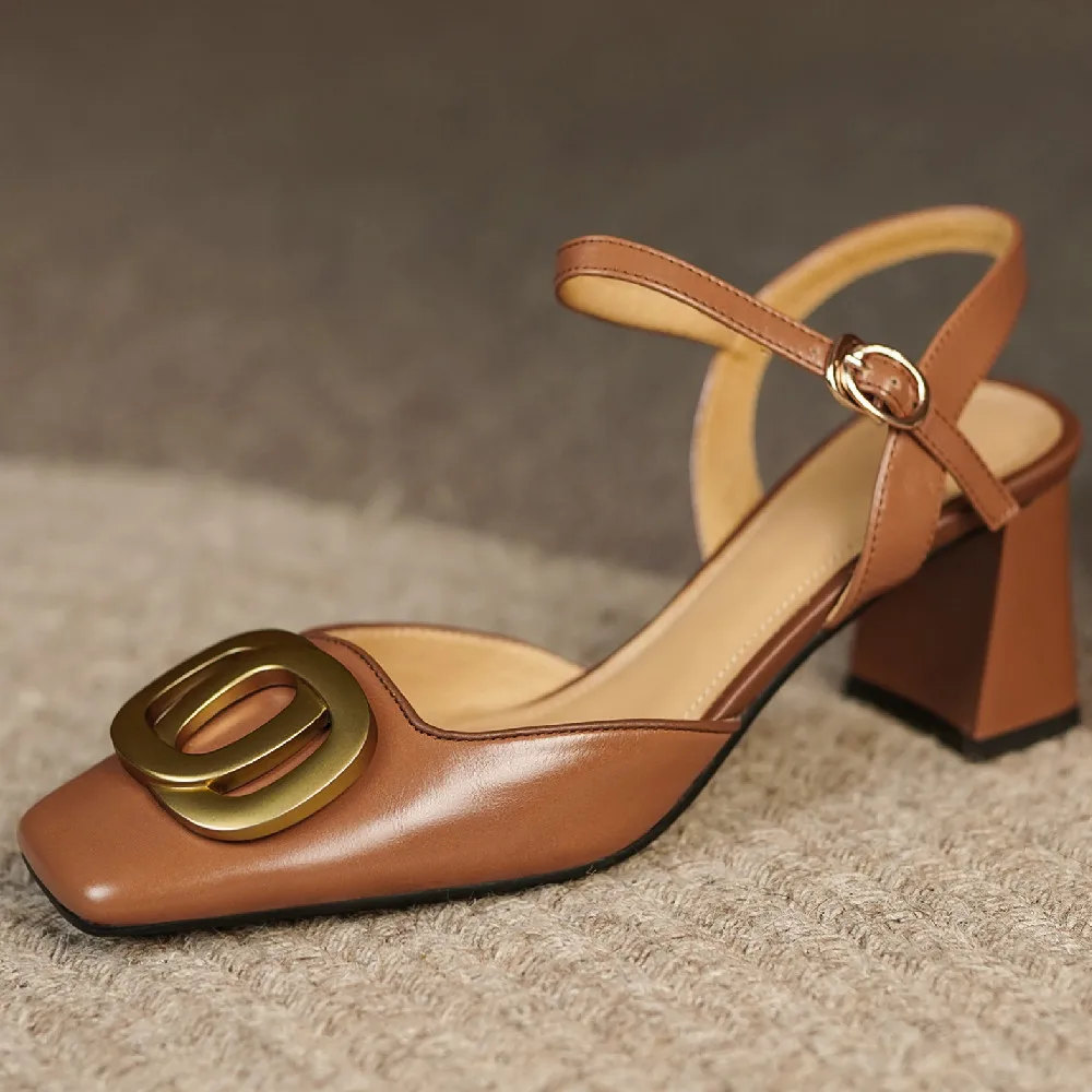 

Women's genuine leather thick high heel ankle strap square toe slip-on summer sandals metal buckle elegant ladies OL style shoes