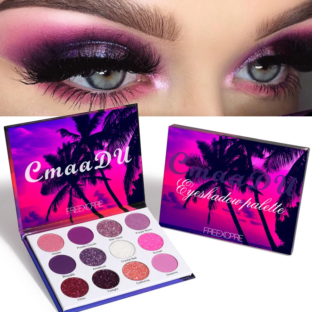 

12 Colors Eyeshadow Palette Purple Matte Glitter Shiny Eye Shadow Powder Palette Shimmer Eye Makeup Powder Pigment Cosmetic Set