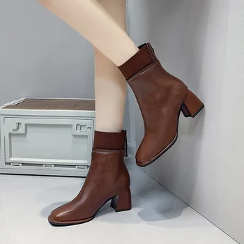 أحذية شتوية مريحة بمقاسات كبيرة، أحذية عمل كاجوال عصرية برأس مربع من الجلد وكعب مربع للنساء 2