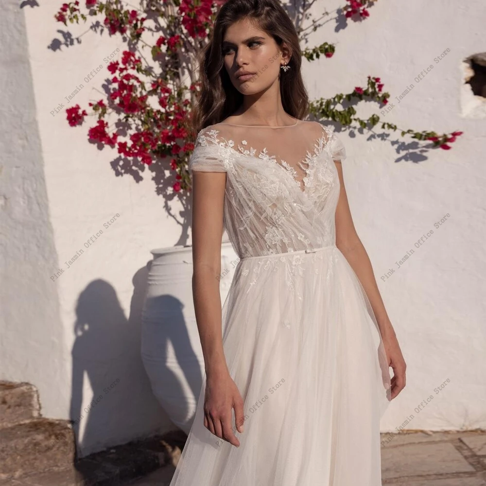 Sexy Short Sleeves Wedding Dresses O Neck V Shaped Bridal Grown Applique Floral Illusion Court Train A Line Vestidos De Novia 3