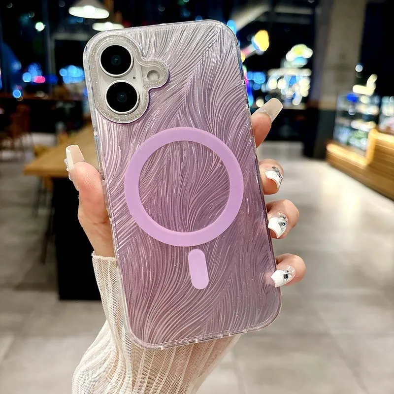 Coque de téléphone de luxe à dégradé laser avec plumes et diamants pour iPhone 16 15 14 13 Pro Max 16pro Glitter Magnetic Cover_voghion.com